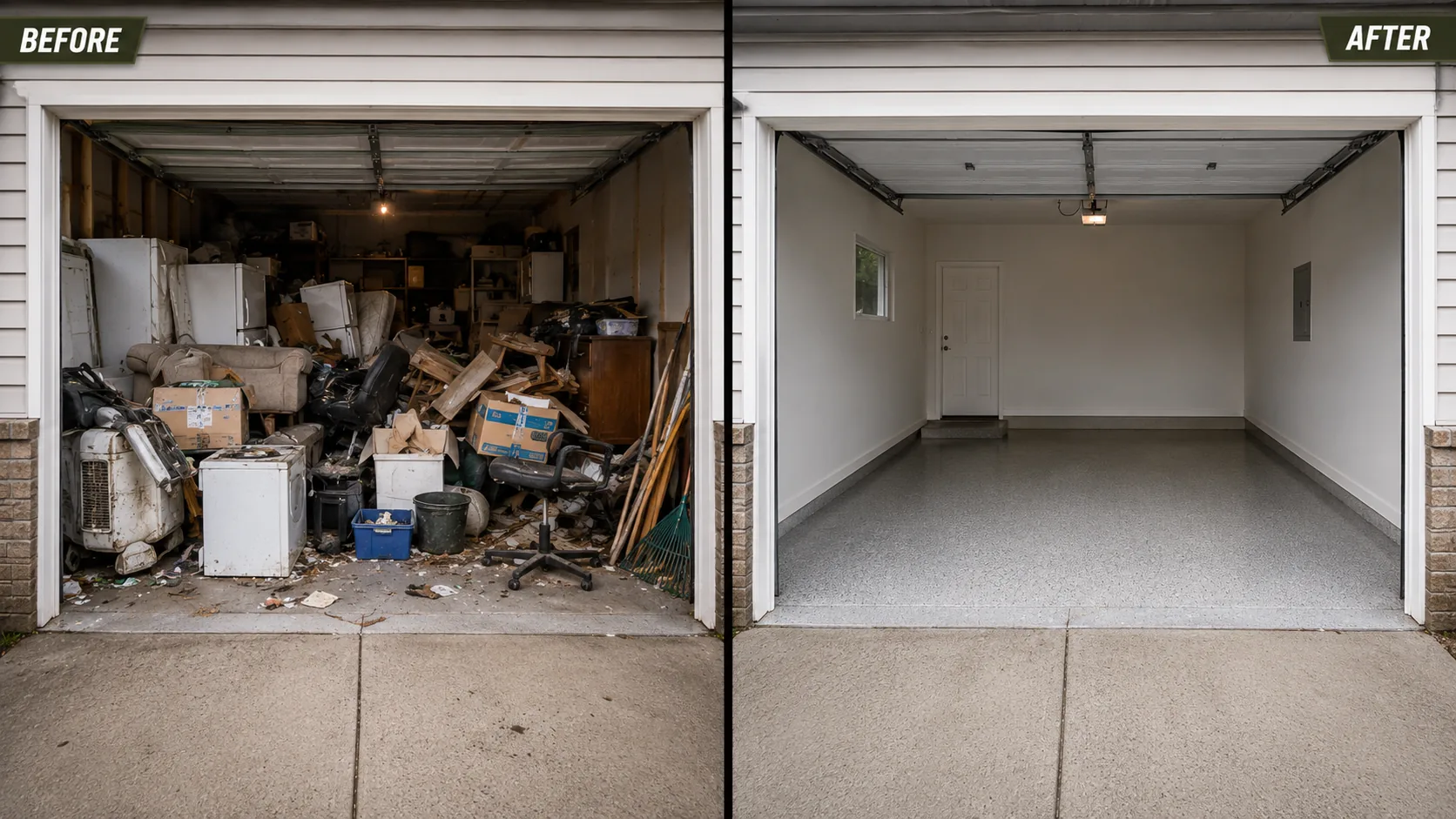 Before and after image of a garage cleanout