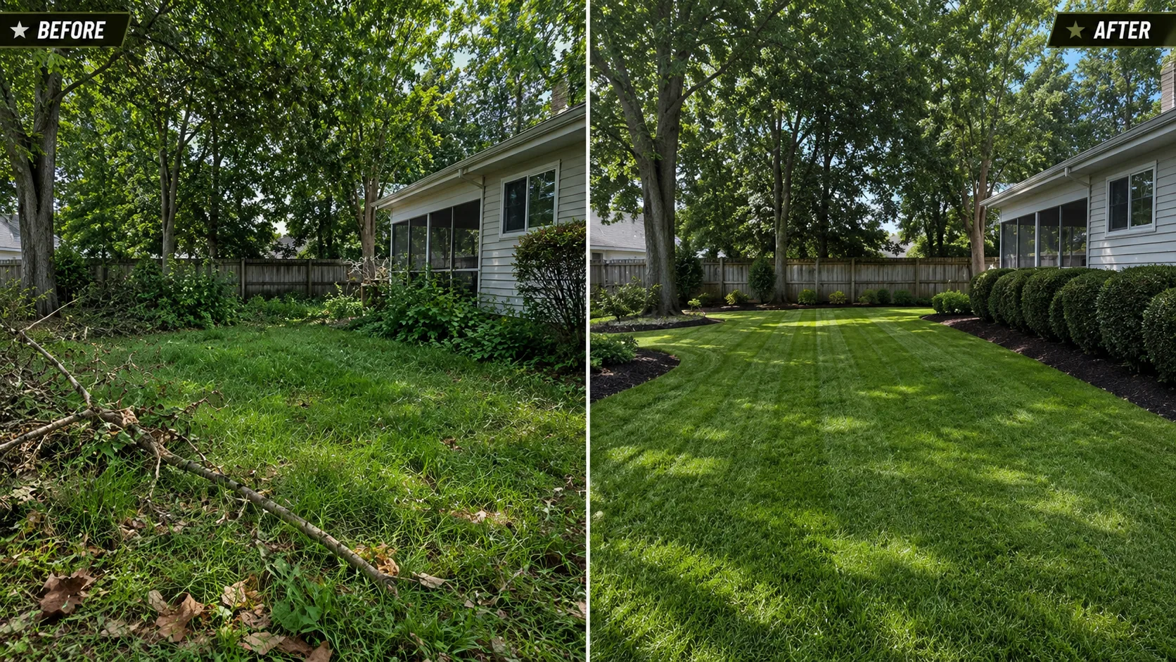 Before and after image of a backyard cleanup