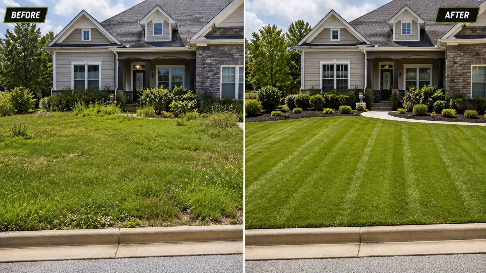Before and after image of a front lawn transformation